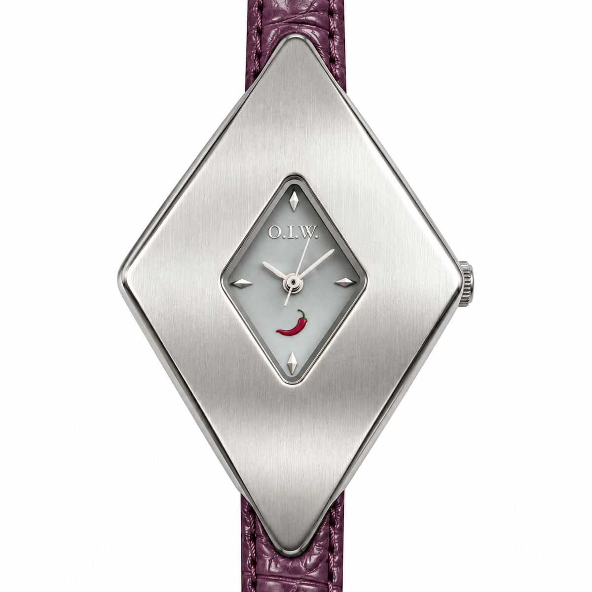 Orologio O.I.W. a rombo argentato con quadrante chiaro e cinturino viola