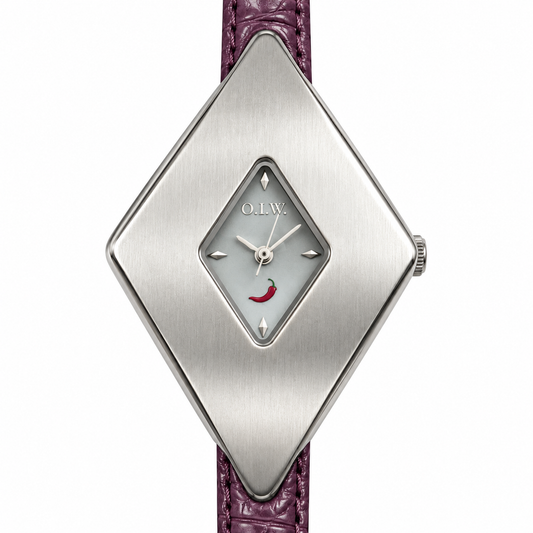Orologio O.I.W. a rombo argentato con quadrante chiaro e cinturino viola