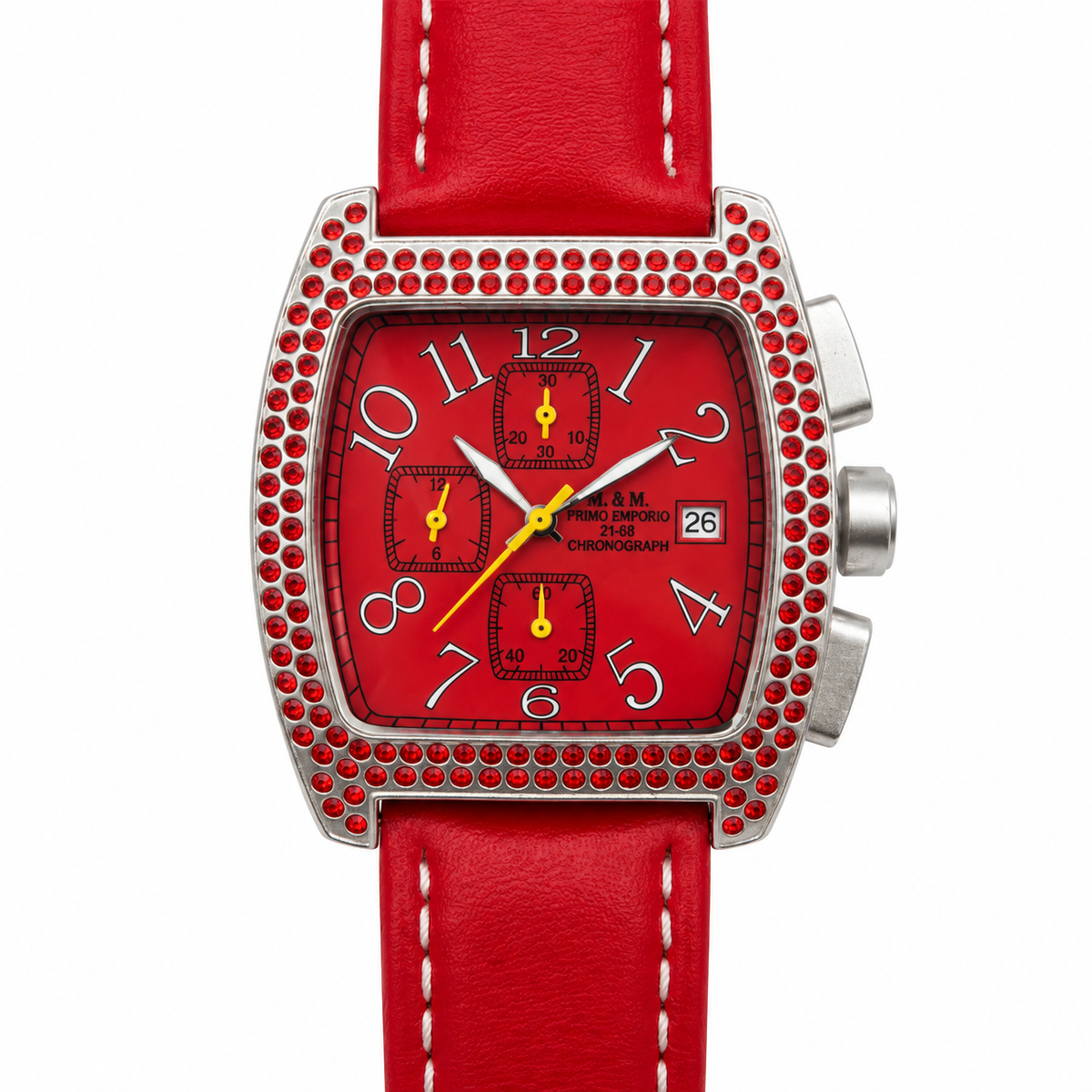 M.&M. Primo Emporio 21-68 fronte — cronografo rosso cristalli cinturino pelle