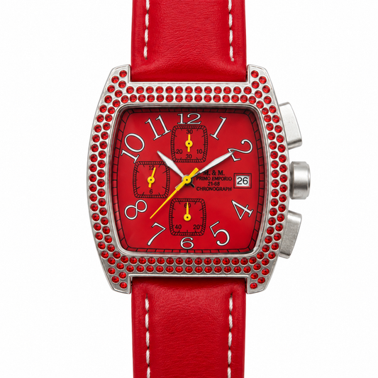 M.&M. Primo Emporio 21-68 fronte — cronografo rosso cristalli cinturino pelle