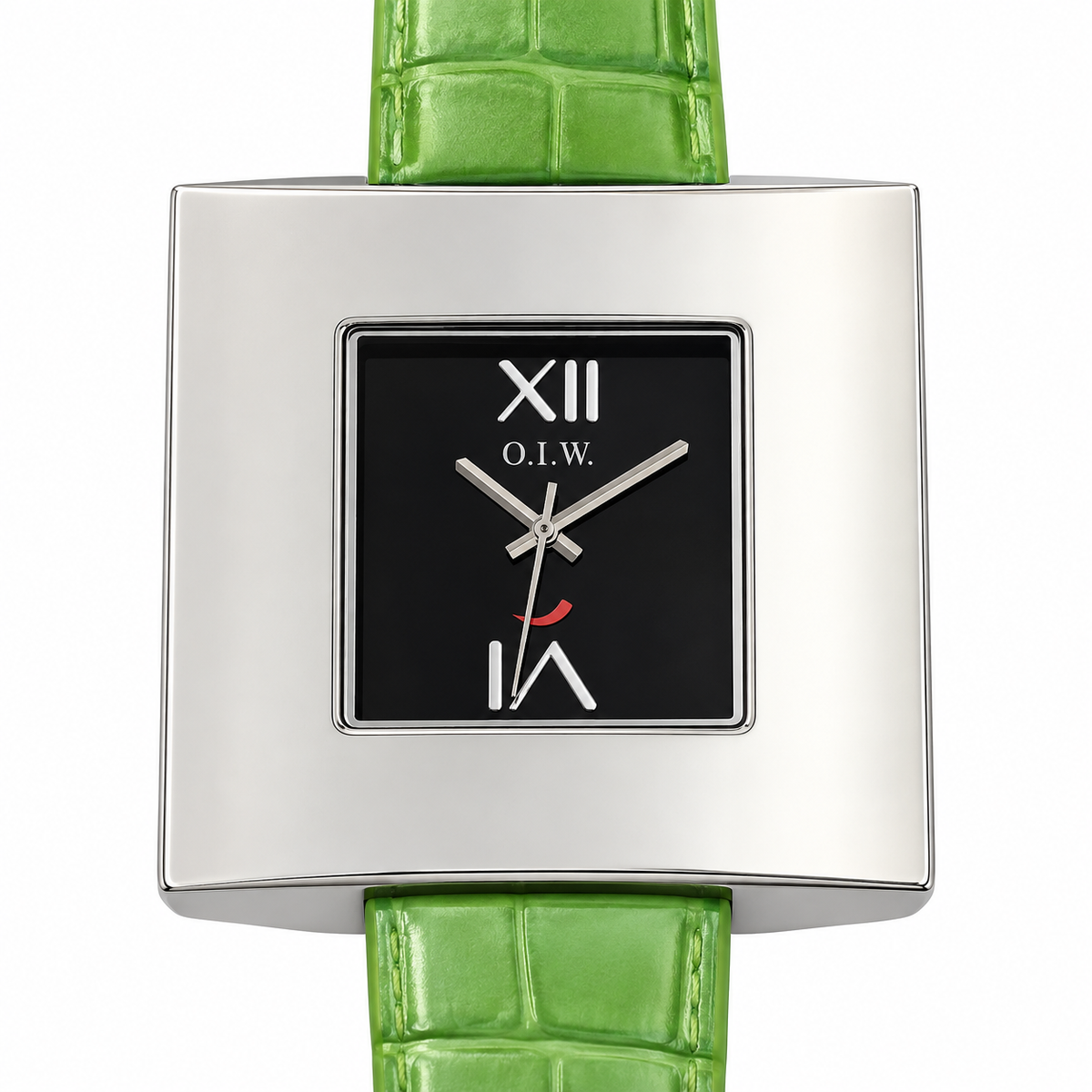 Orologio O.I.W. con cassa quadrata argentata, quadrante nero e cinturino verde lime