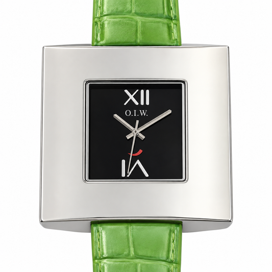 Orologio O.I.W. con cassa quadrata argentata, quadrante nero e cinturino verde lime
