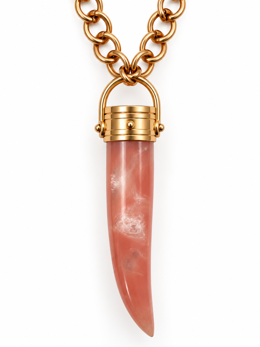 Collana Statement Pendente Corno Pietra Rosa Marmorizzata Catena Rolo Oro