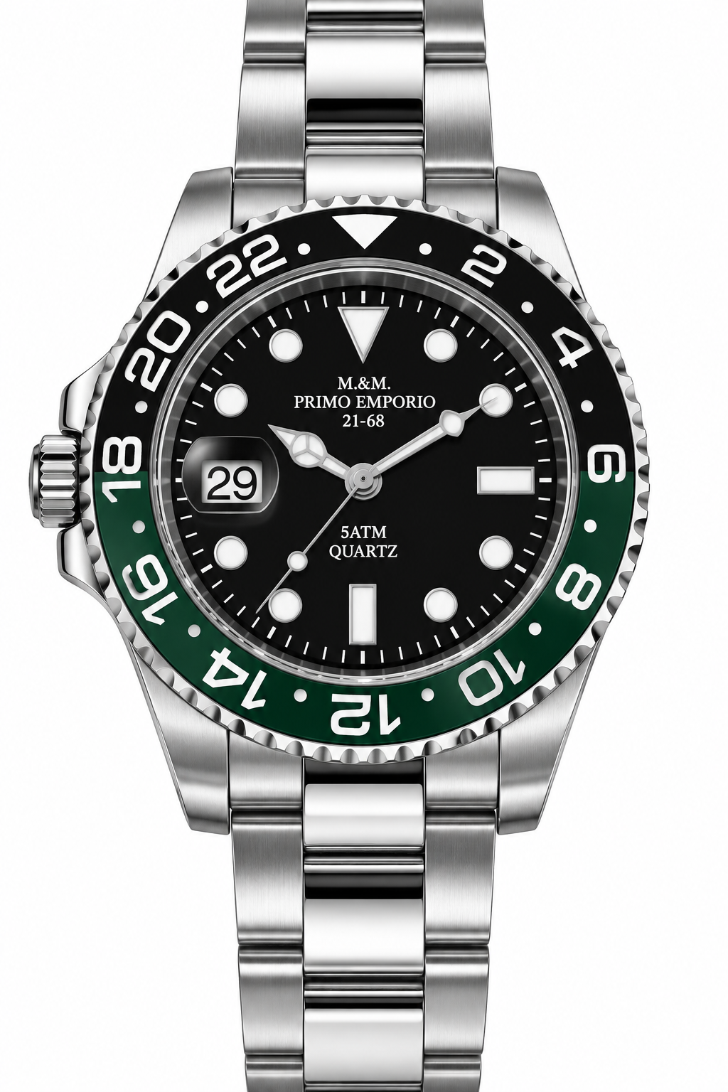 Orologio Primo Emporio 21-68 con quadrante nero, ghiera verde e nera, datario con lente e bracciale argentato