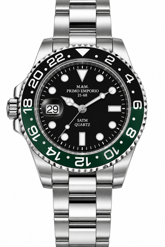 Orologio Primo Emporio 21-68 con quadrante nero, ghiera verde e nera, datario con lente e bracciale argentato