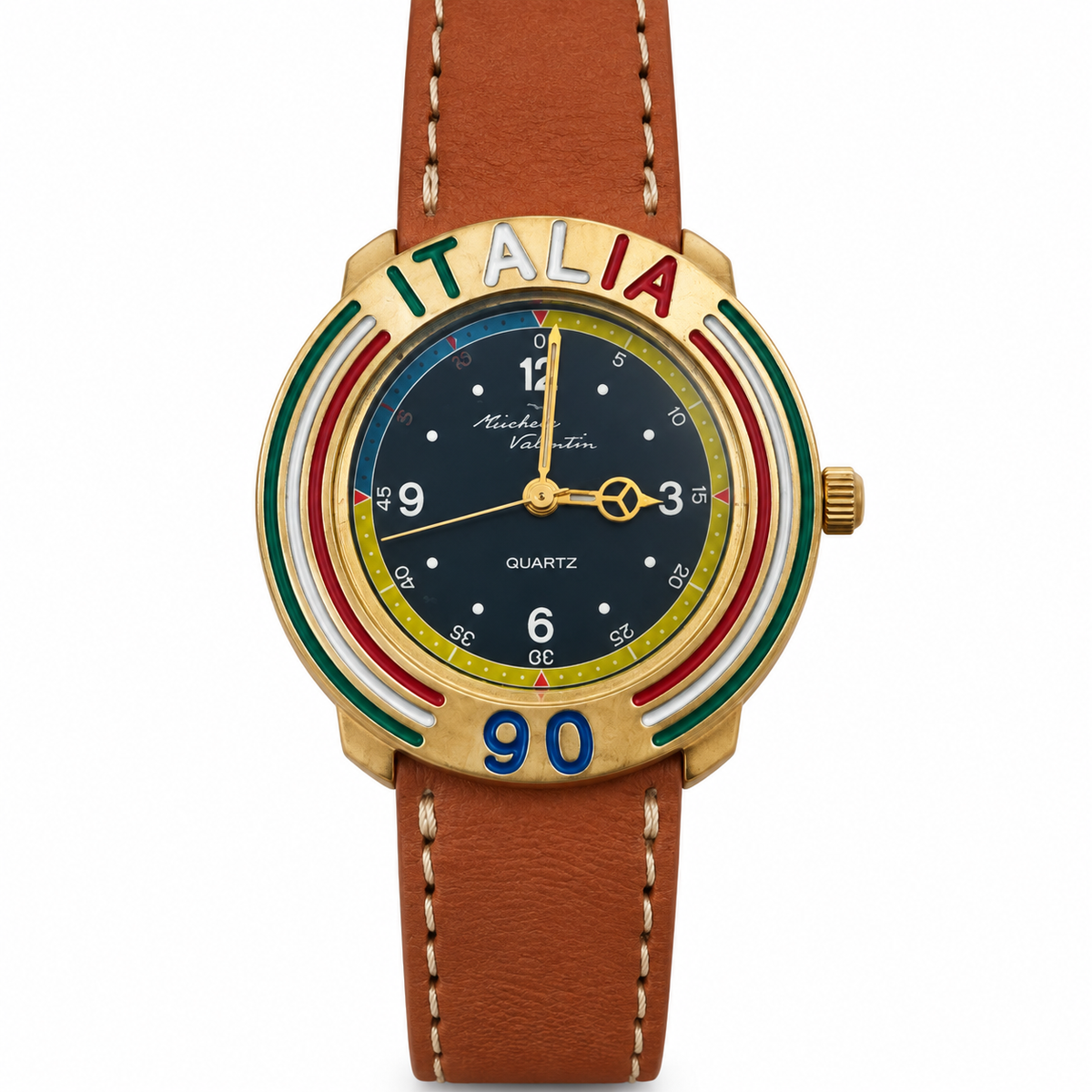 Orologio Italia90 al quarzo con ghiera tricolore e cinturino cognac – 3 versioni