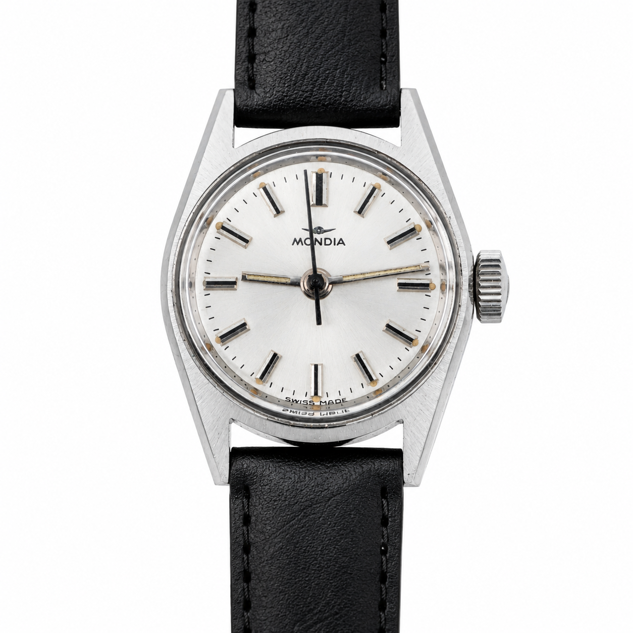Mondia – Orologio Vintage Swiss Made Cassa Acciaio Quadrante Bianco Cinturino Pelle Nera