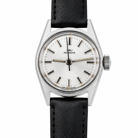 Mondia – Orologio Vintage Swiss Made Cassa Acciaio Quadrante Bianco Cinturino Pelle Nera