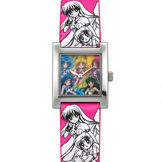 Orologio da polso Mermaid Melody con cassa argentata squadrata, quadrante colorato con personaggi anime e cinturino rosa illustrato