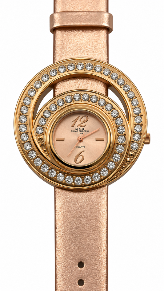 M&M Primo Emporio - Orologio Donna Doppio Cerchio Cristalli Oro Rosa Quarzo Cinturino Laminato