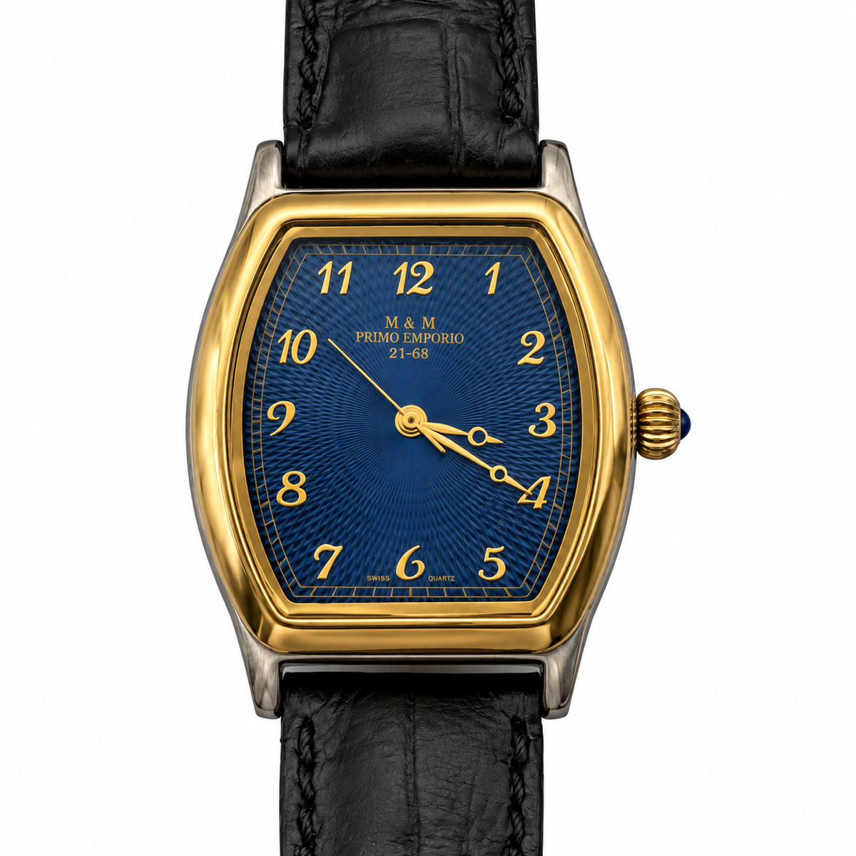 M&M Primo Emporio 21-68 orologio tonneau cassa bicolore oro acciaio quadrante blu guilloché cinturino pelle nera
