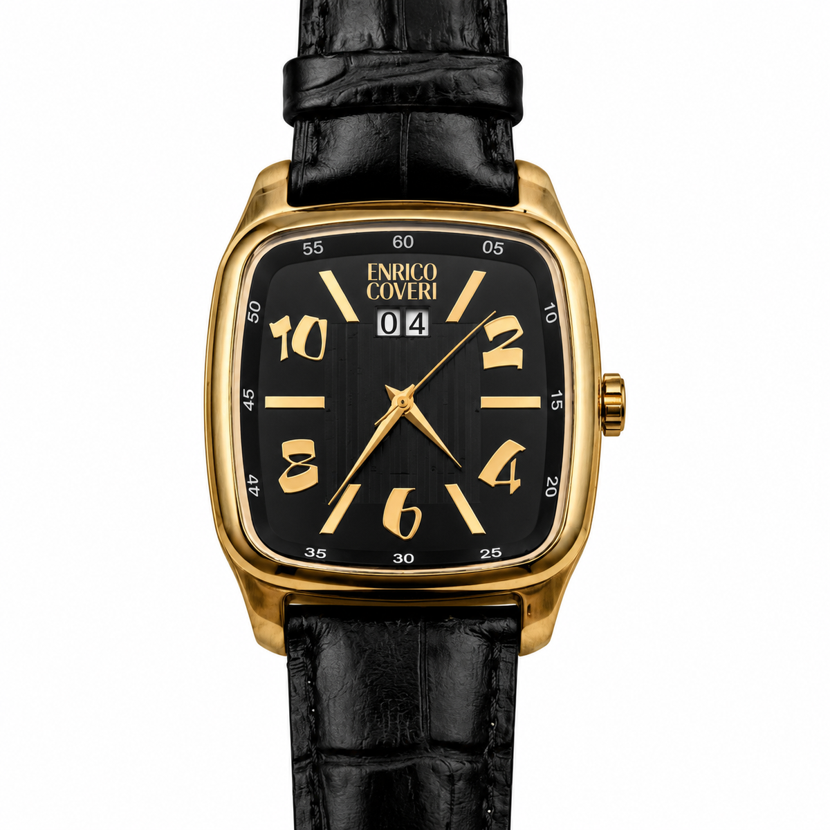 Enrico Coveri – Orologio Uomo Cushion Gold Quadrante Nero Data Cinturino Coccodrillo