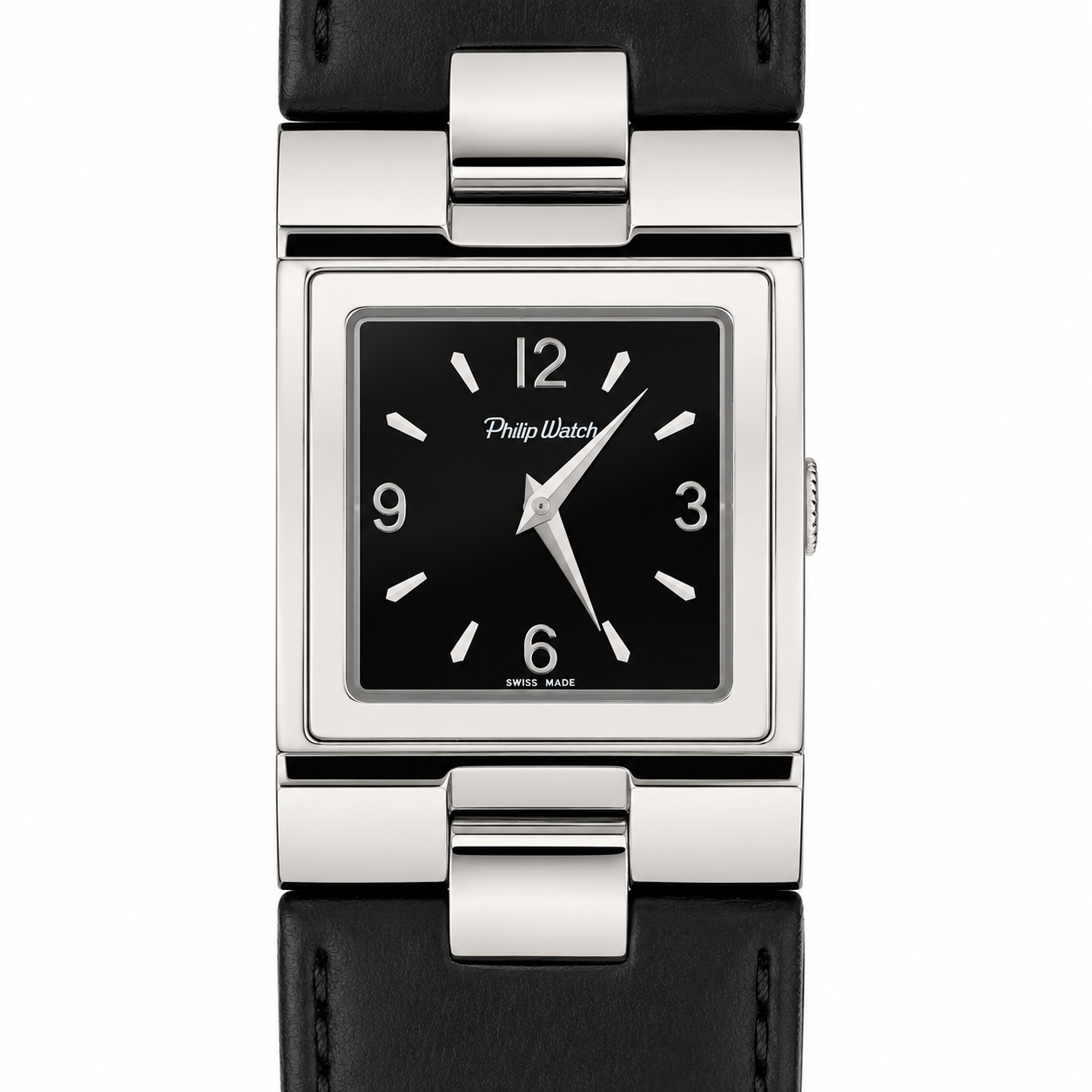 Orologio Philip Watch Square Swiss Made - Quadrante Nero e Cinturino in Pelle Nera