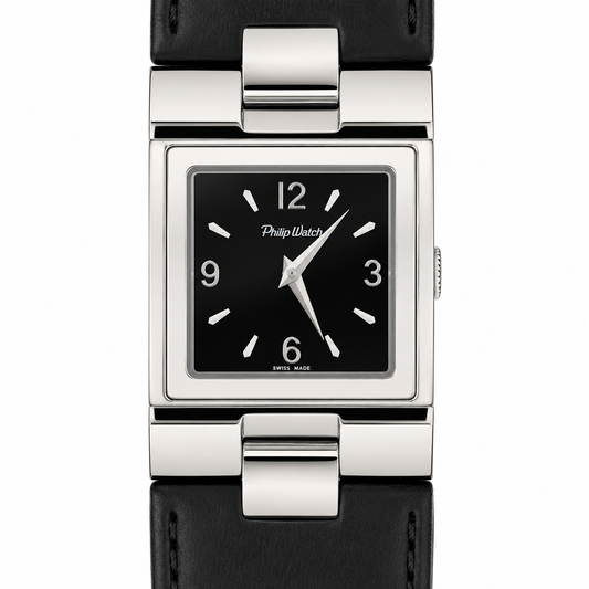 Orologio Philip Watch Square Swiss Made - Quadrante Nero e Cinturino in Pelle Nera
