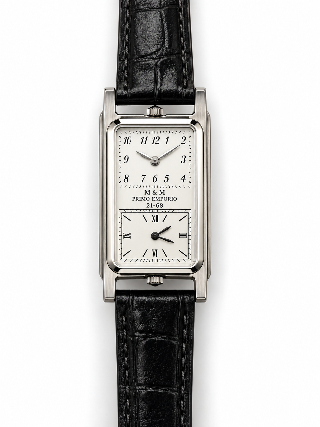 M.&M. Primo Emporio 21-68 orologio doppio quadrante verticale Art Déco cassa rettangolare allungata acciaio argento cinturino coccodrillo nero