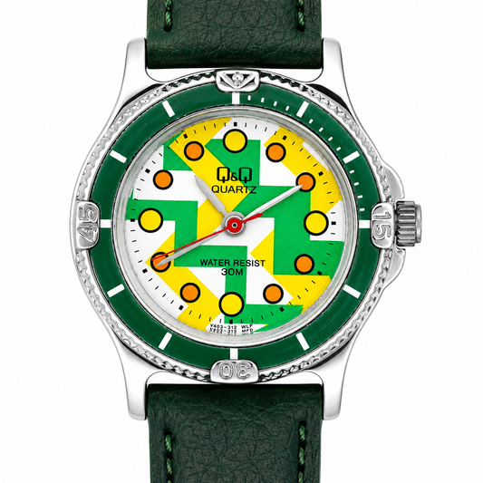 Q&Q Quartz Orologio Uomo – Diver Style Quadrante Grafico Verde Giallo Arancio Cinturino Pelle WR 30M