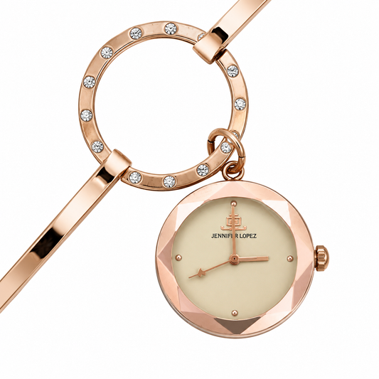 Jennifer Lopez Bracciale Rigido Oro Rosa Orologio Ciondolo Cristalli
