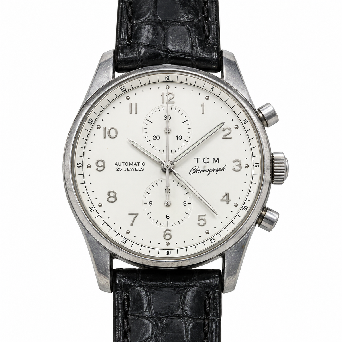 Cronografo TCM automatico in acciaio con quadrante bianco e cinturino in pelle nera effetto coccodrillo