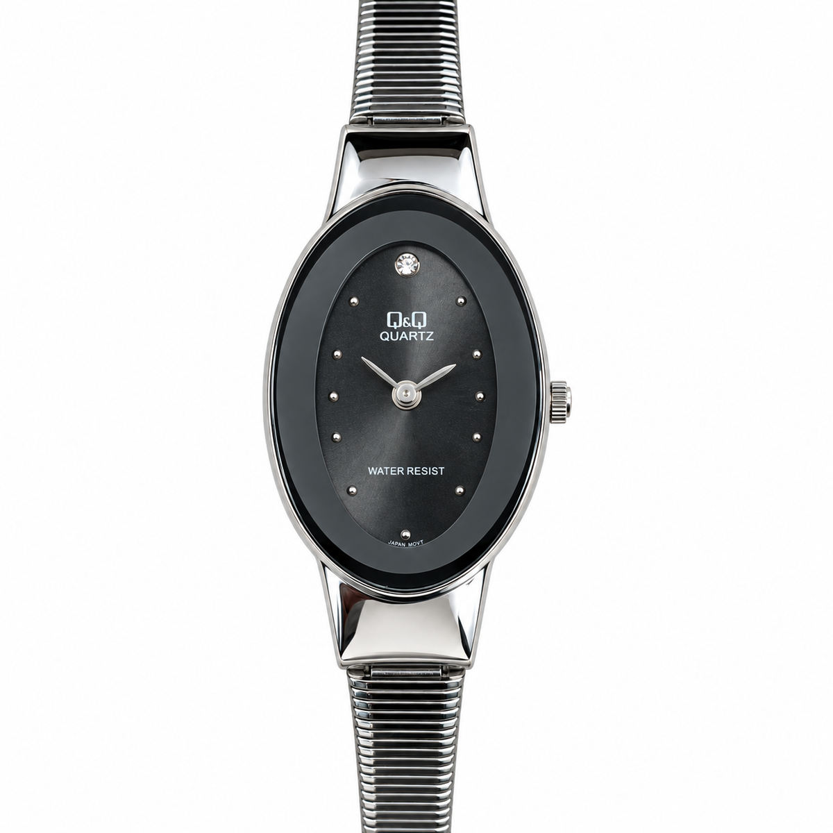Orologio Q&Q con cassa ovale, quadrante nero e cinturino estensibile color argento