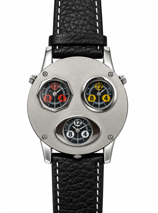 Orologio M&M Primo Emporio Tri-Time tre quadranti indipendenti fusi orari cassa tonda acciaio spazzolato cinturino pelle nera