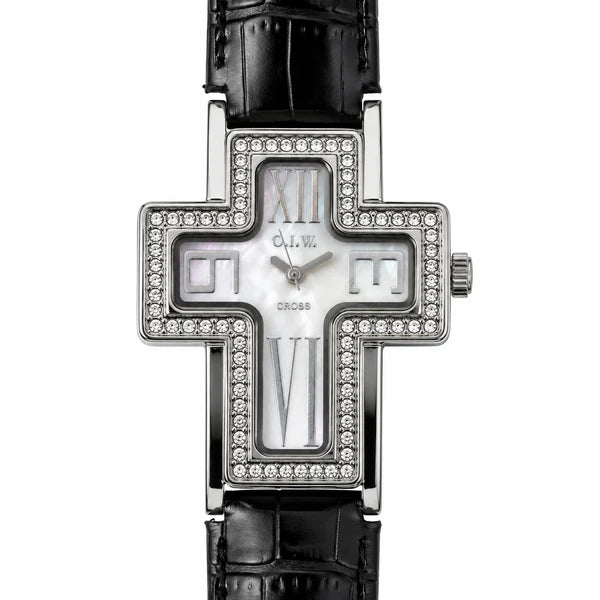 O.I.W. Cross – Orologio Donna Cassa Croce Strass Madreperla Numeri Romani Quarzo | Cinturino Nero o Bianco
