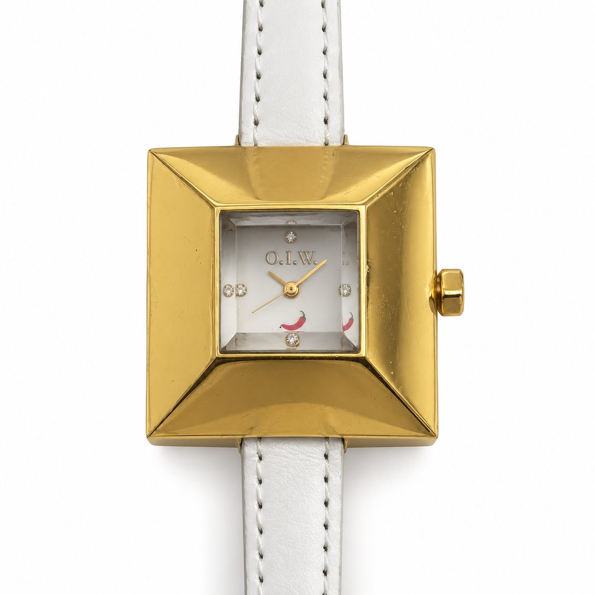 Orologio O.I.W. quadrato dorato con punti luce e cinturino bianco