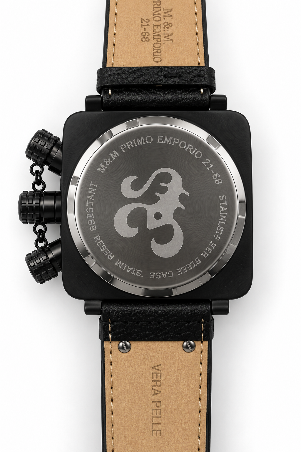 M.&M. Primo Emporio 21-68 — Cronografo Uomo Cassa Quadrata Maxi PVD Nero | Quadrante Nero o Bianco