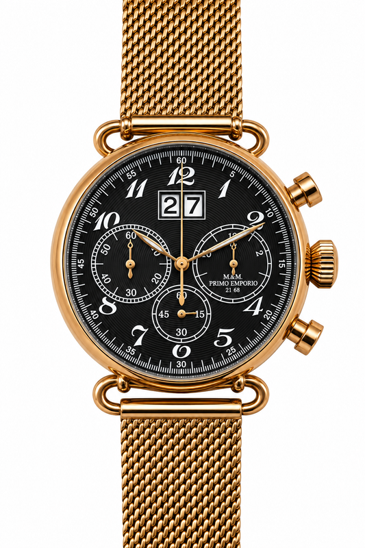 M&M Primo Emporio 21-68 Cronografo Grande Data Rose Gold Quadrante Nero Mesh