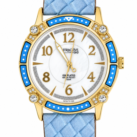 Q&Q Attractive – Orologio Donna Bezel Blu Smaltato Cristalli Madreperla Cinturino Trapuntato 5 Bar