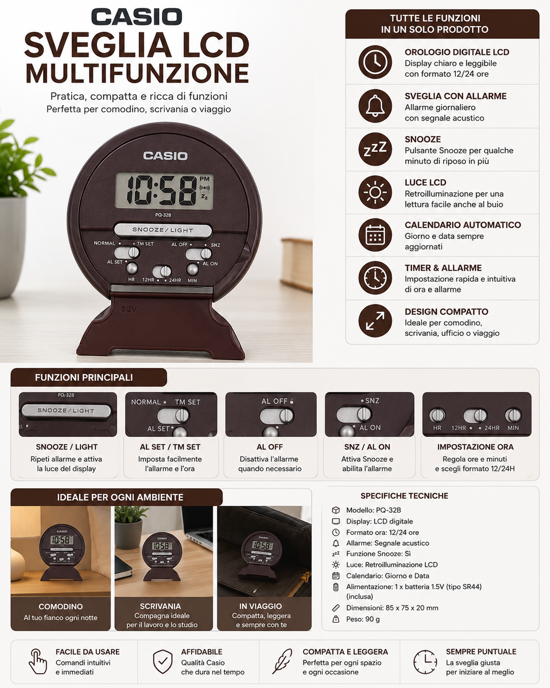 Sveglia LCD Multifunzione Marrone Nuova con Scatola - Da Tavolo o Comodino