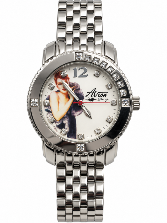 Orologio Avion Pin Up in acciaio con quadrante illustrato e pietre decorative