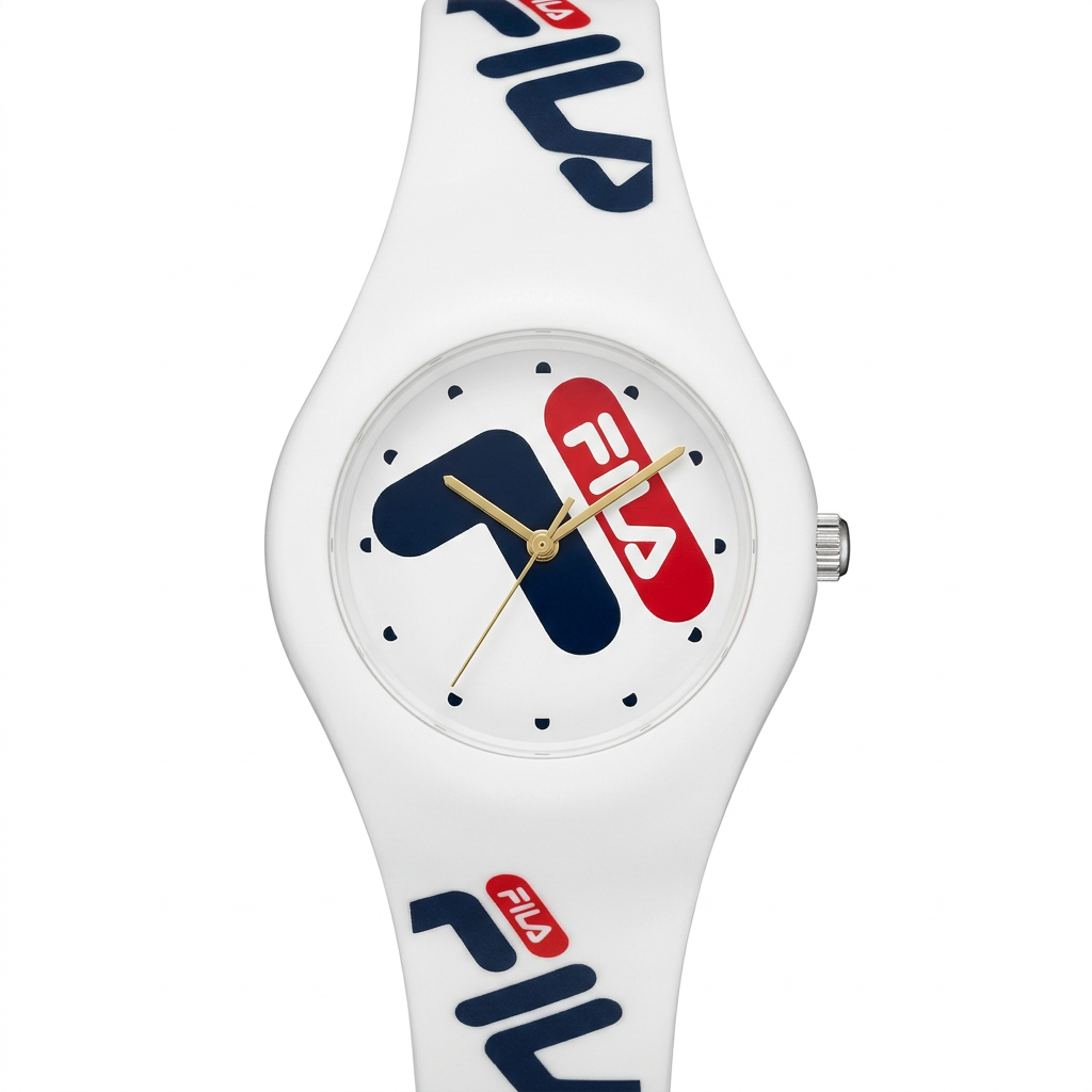 Orologio FILA bianco al quarzo con maxi logo blu e rosso e lancette dorate