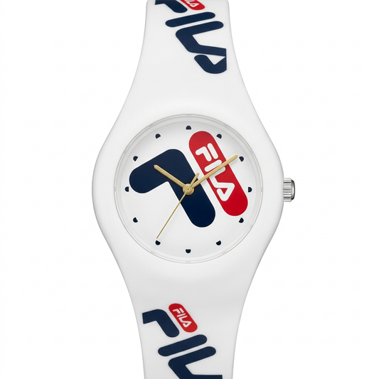 Orologio FILA bianco al quarzo con maxi logo blu e rosso e lancette dorate
