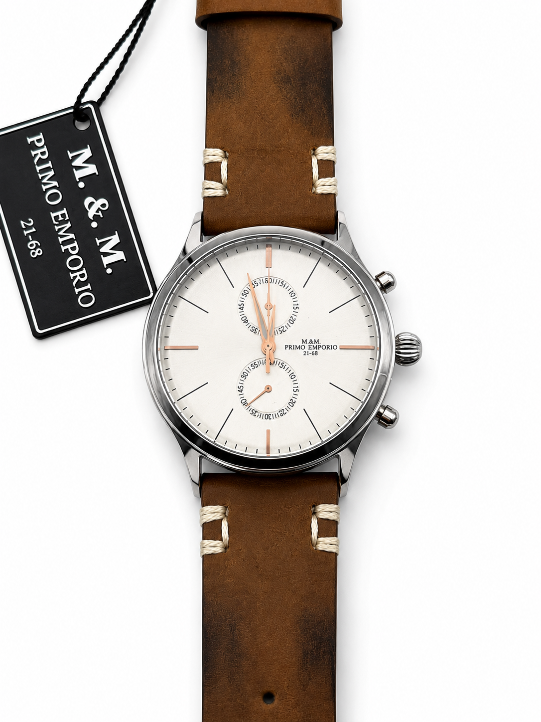 M&M Primo Emporio Cronografo 21-68 – Quadrante Bianco Lancette Rose Gold Cinturino Pelle Vintage