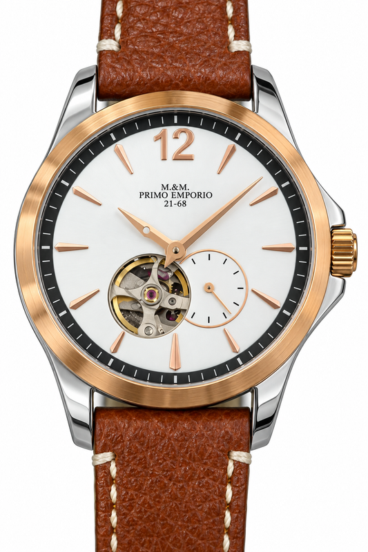 M&M Primo Emporio 21-68 – Orologio automatico open heart bicolore con cinturino marrone