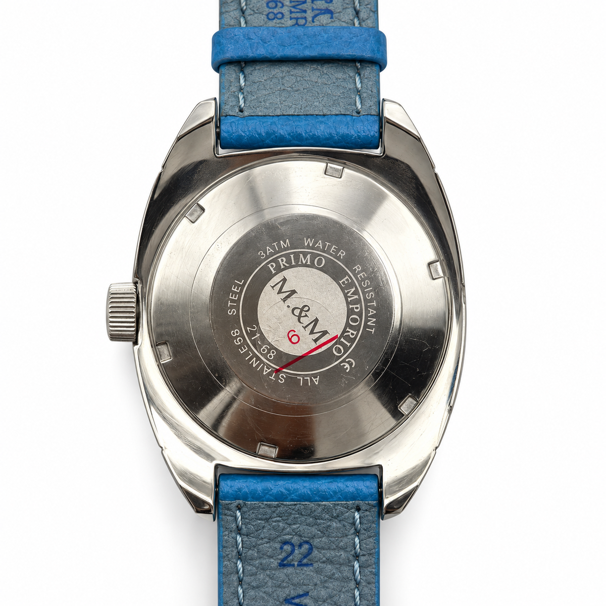 Orologio M&M Primo Emporio 21-68 azzurro con cassa argentata e cuciture a contrasto
