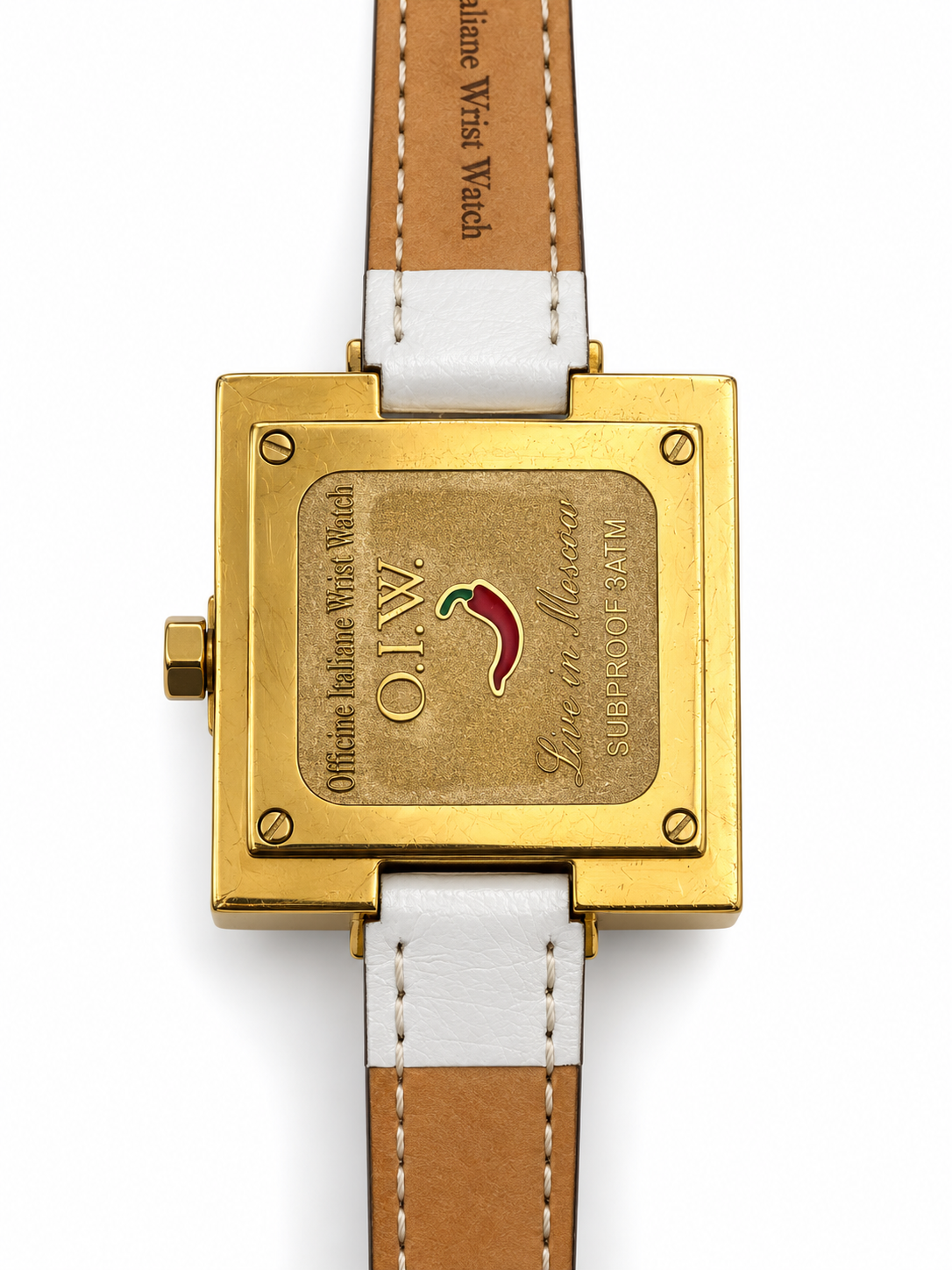 Orologio O.I.W. quadrato dorato con punti luce e cinturino bianco