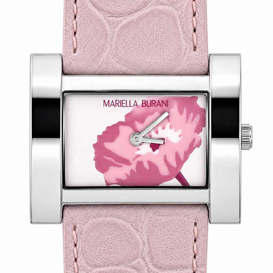 Mariella Burani – Orologio Donna Cassa Rettangolare Quadrante Peonia Rosa Cinturino Scamosciato Floreale