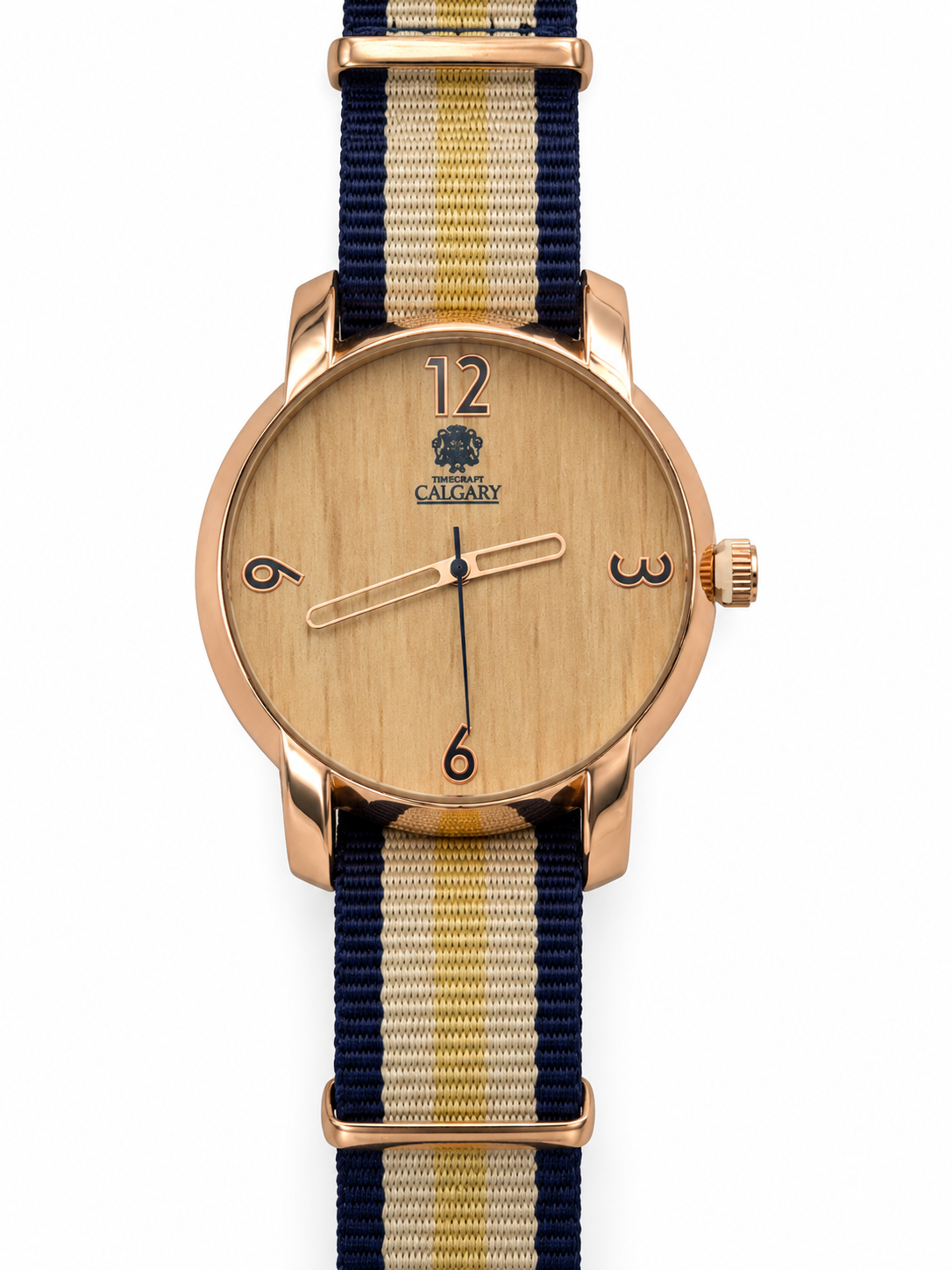 Orologio Calgary Wild Savannah dorato con quadrante effetto legno e cinturino blu e beige