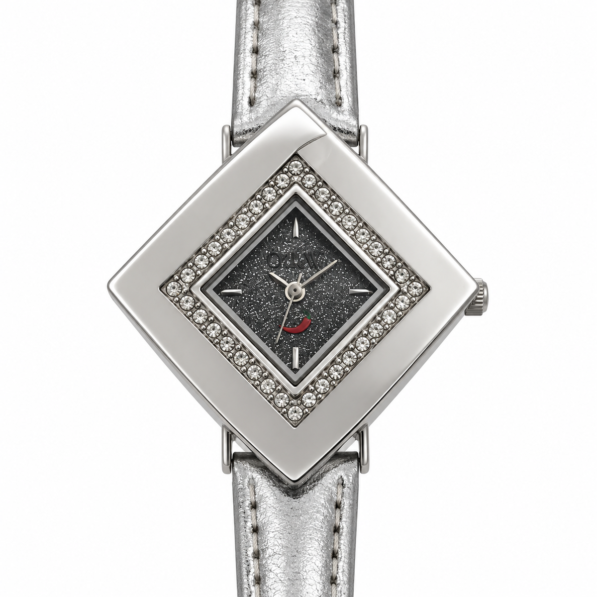 Orologio O.I.W. a rombo argentato con pietre luminose e quadrante glitter