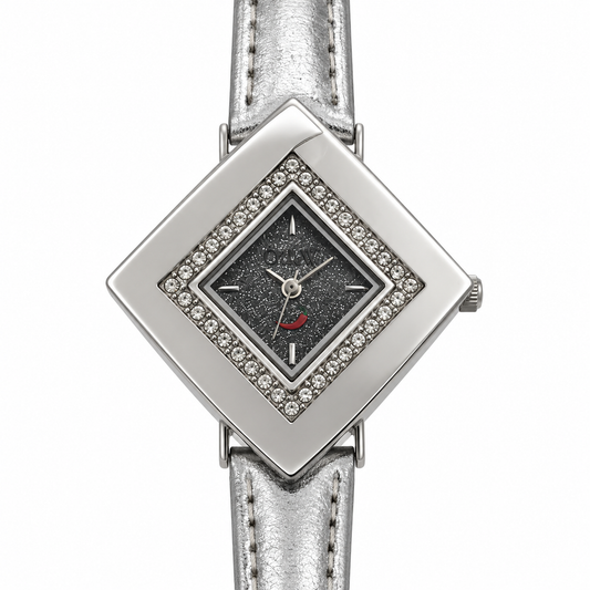 Orologio O.I.W. a rombo argentato con pietre luminose e quadrante glitter