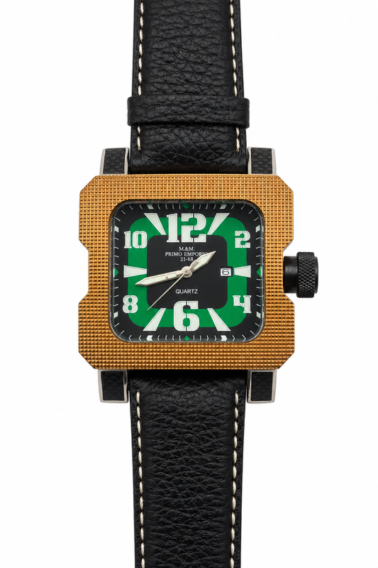 M&M Primo Emporio 21-68 Quartz Quadrante Verde Lunetta Oro Data Cinturino Pelle Nera