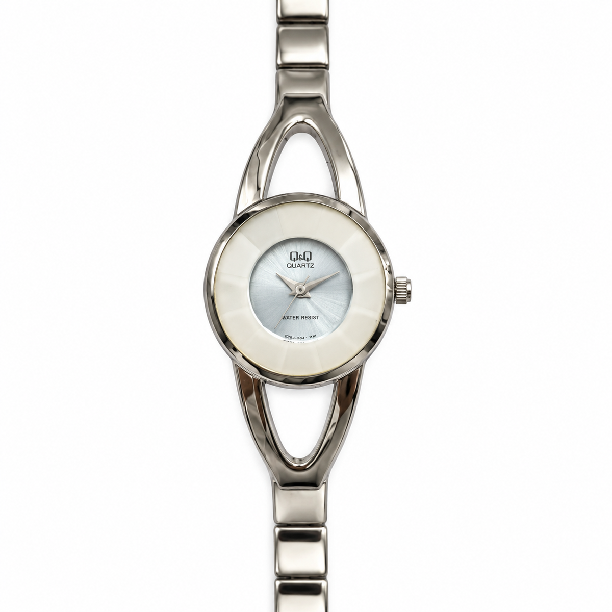 Orologio Q&Q argentato con cornice avorio e bracciale a raccordi aperti