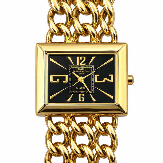 Orologio M&M Primo Emporio 21-68 dorato con cassa rettangolare orizzontale e bracciale a catena