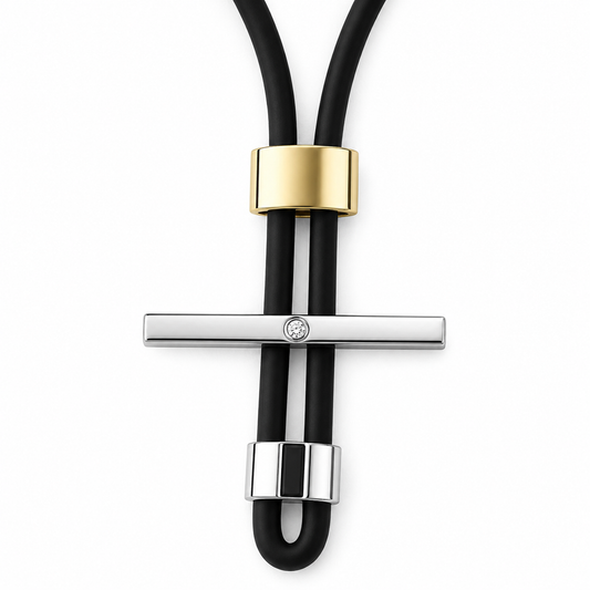 Bliss – Collana Croce Bicolor Acciaio e Oro con Cristallo e Cordino Nero