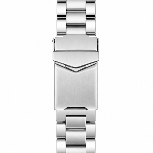 Bracciale orologio in acciaio inossidabile a tre maglie con chiusura deployante a doppio pulsante, finitura satinata e lucida