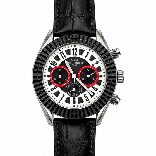 M&M Primo Emporio 21-68 cronografo lunetta cannellé nera quadrante bianco nero sotto-quadranti rossi cinturino pelle nera