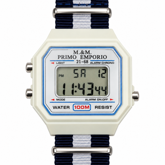 Orologio digitale M&M Primo Emporio 21-68 avorio con cinturino blu e bianco