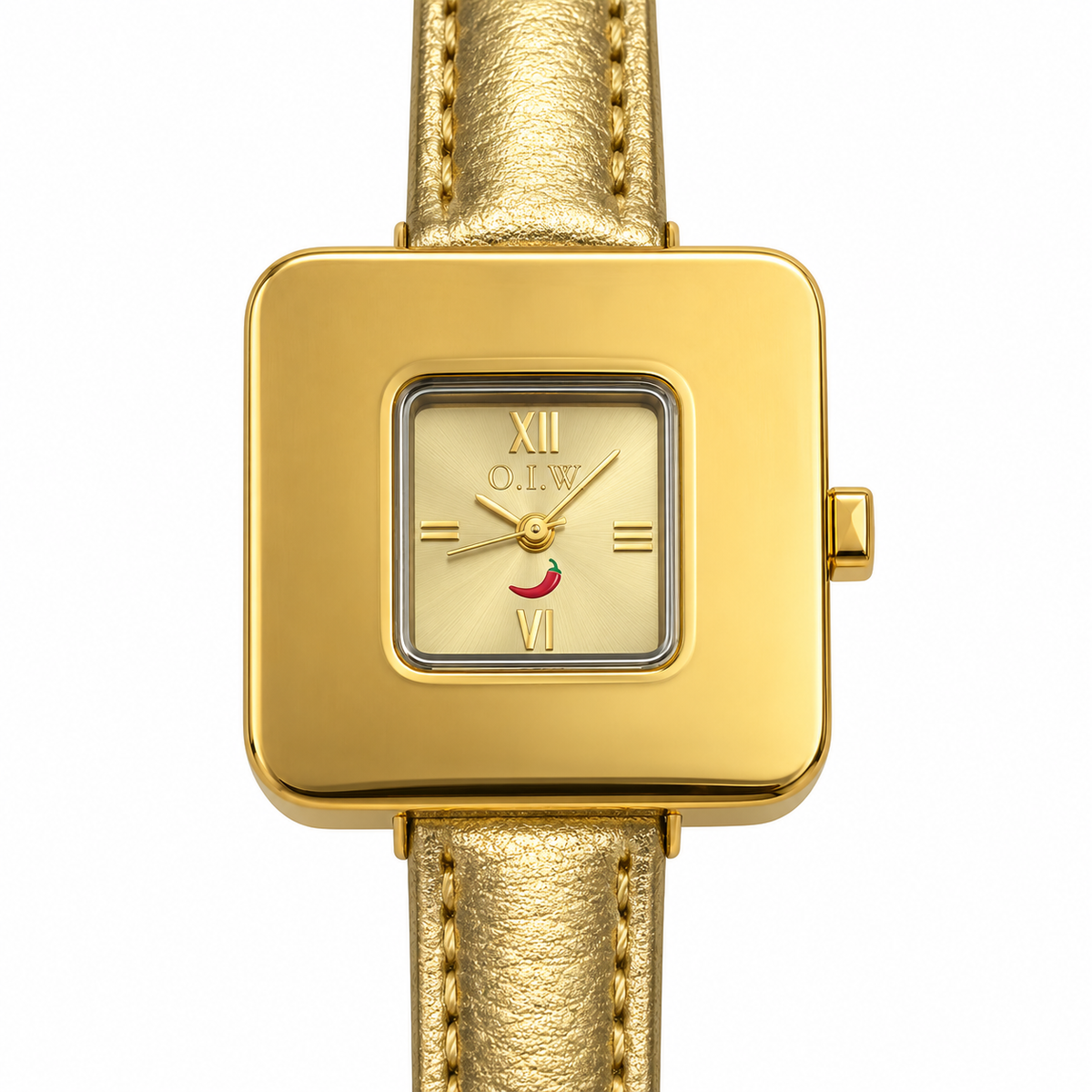 Orologio O.I.W. quadrato dorato con quadrante champagne e cinturino oro