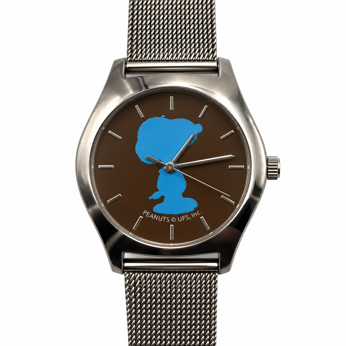 Orologio Snoopy Peanuts con silhouette sul quadrante e bracciale a maglia milanese in acciaio